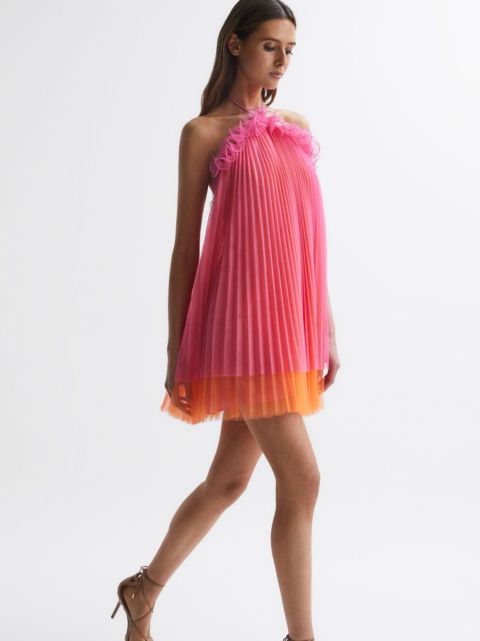 Amur Halter Neck Pleated Mini Dress in Orange Punch (N37728) | US$315