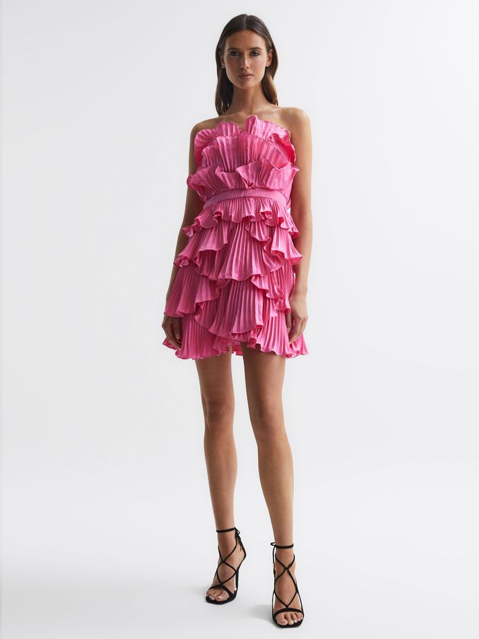 Amur Strapless Ruffle Mini Dress in Watermelon (N37737) | US$329