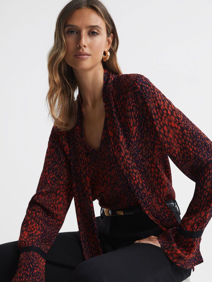 Animal Print Neck Tie Blouse in Red (N38221) | US$71