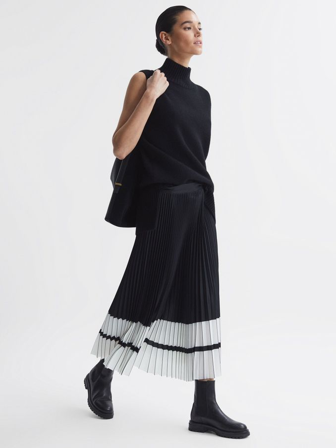 High Rise Pleated Midi Skirt in Black/White (N39036) | US$130
