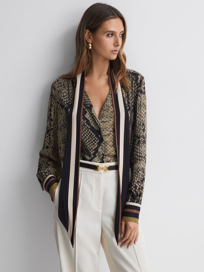 Snake Print Tie Neck Blouse in Brown (N39443) | €66