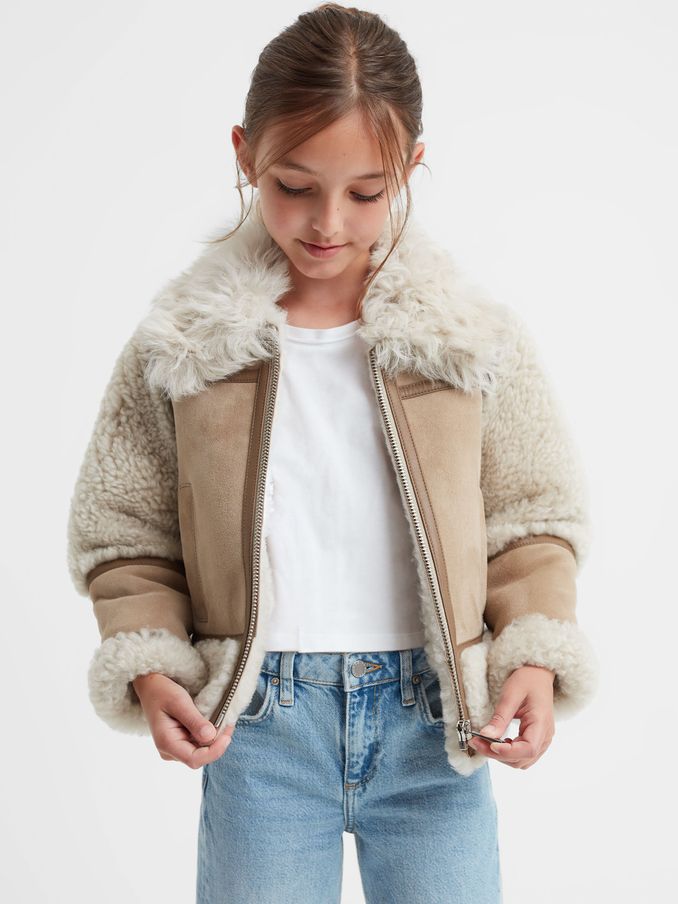 4-9 yrs Suede Sheepskin Zip-Through Jacket in Neutral (N39445) | CA$315