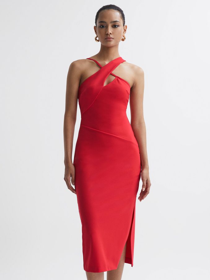 Bodycon Cut-Out Midi Dress in Red (N39452) | US$156