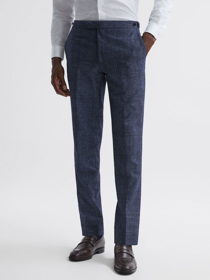 Slim Fit Wool-Linen Check Trousers in Indigo (N42248) | $78