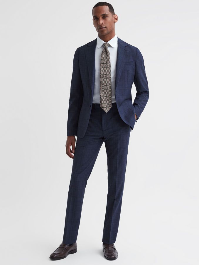 Slim Fit Wool Checked Trousers in Indigo (N42249) | US$71