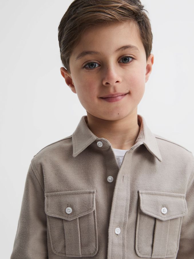 Senior Brushed Cotton Patch Pocket Overshirt in Oatmeal Melange (N45198) | $75