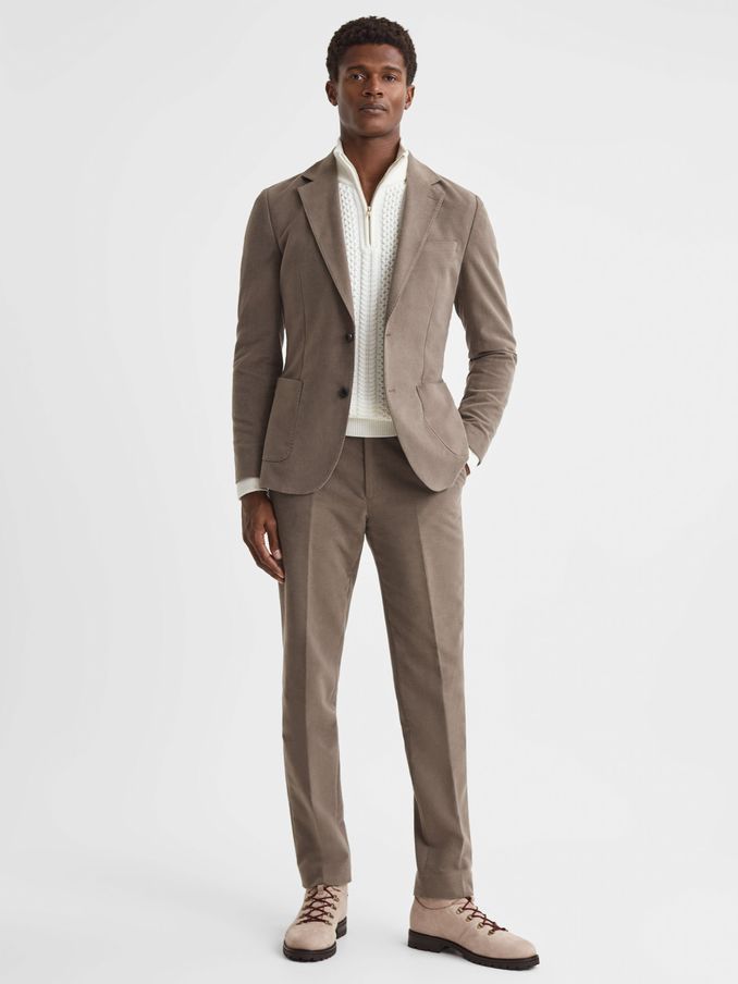 Slim Fit Single Breasted Moleskin Blazer in Mushroom (N46557) | US$277