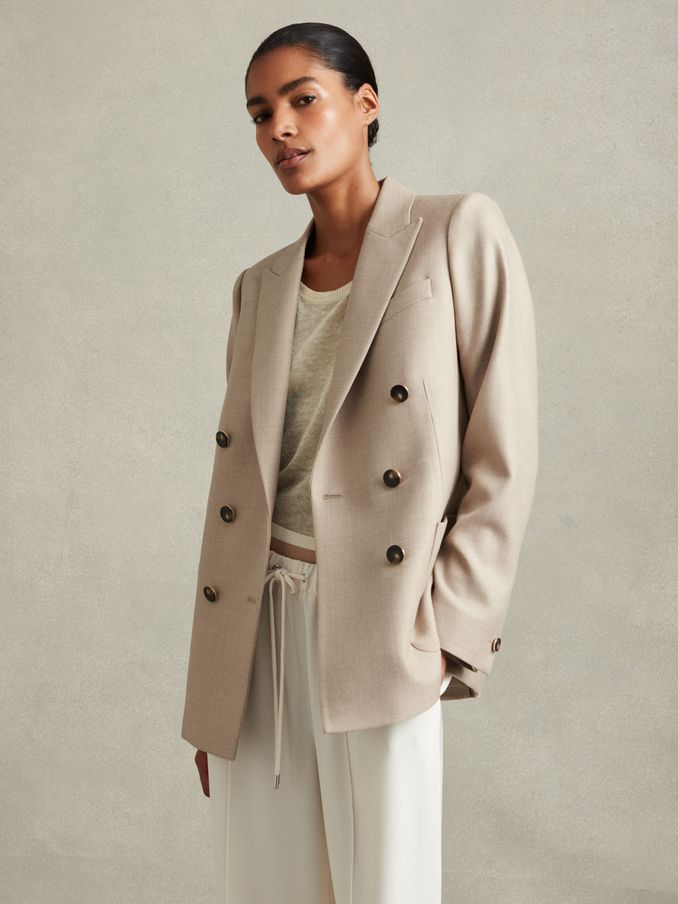 Wool Blend Double Breasted Blazer in Neutral (N48983) | 784 SAR
