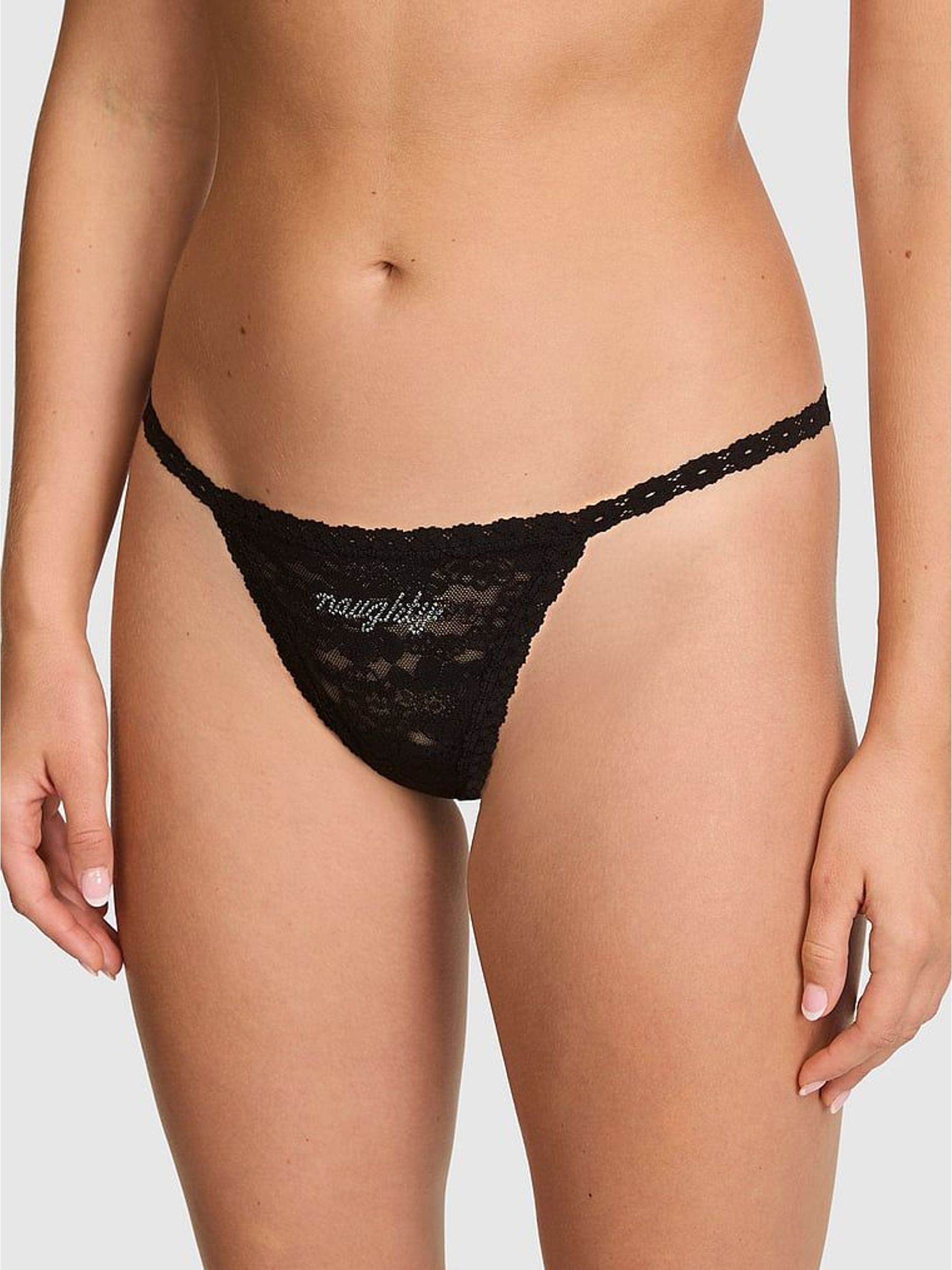 Black Naughty - G-string Diamante Lace Knickers