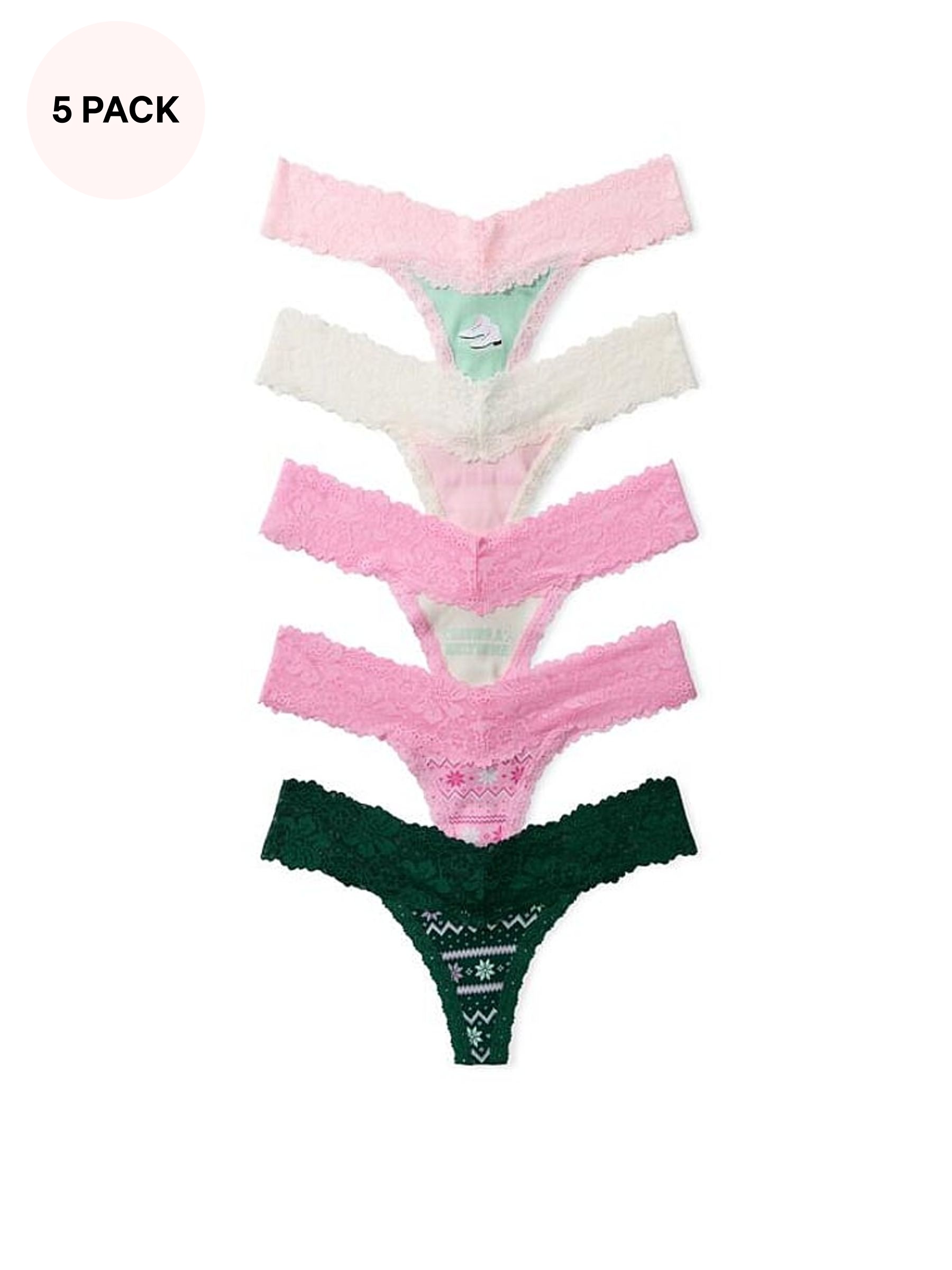 Pink/Green - Thong 5 Pack Ribbed Lace Trim Knickers