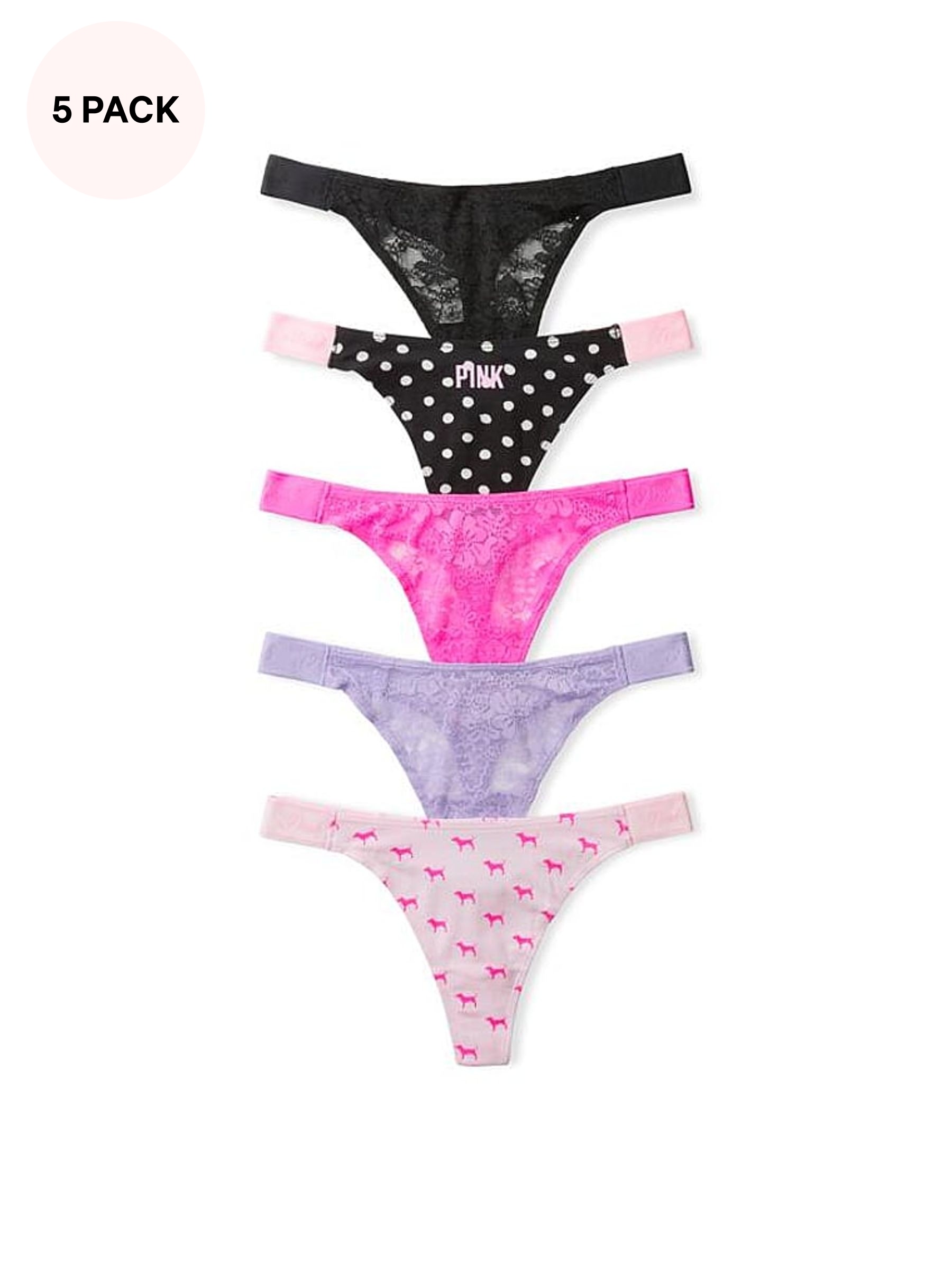 Black/Pink/Purple - Thong 5 Pack Logo Knickers