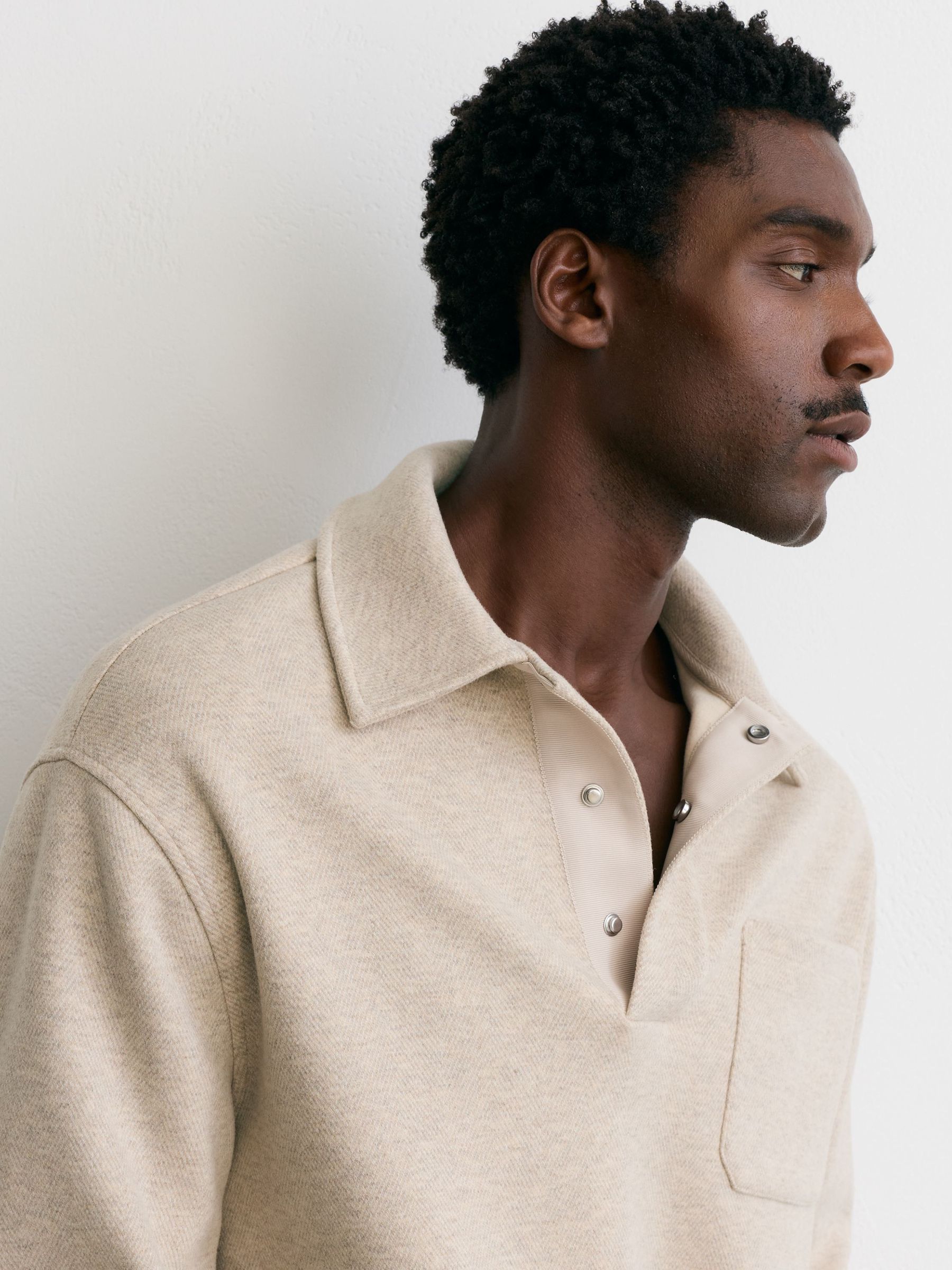 Oatmeal Melange - Regular Herringbone Press-stud Polo Sweatshirt