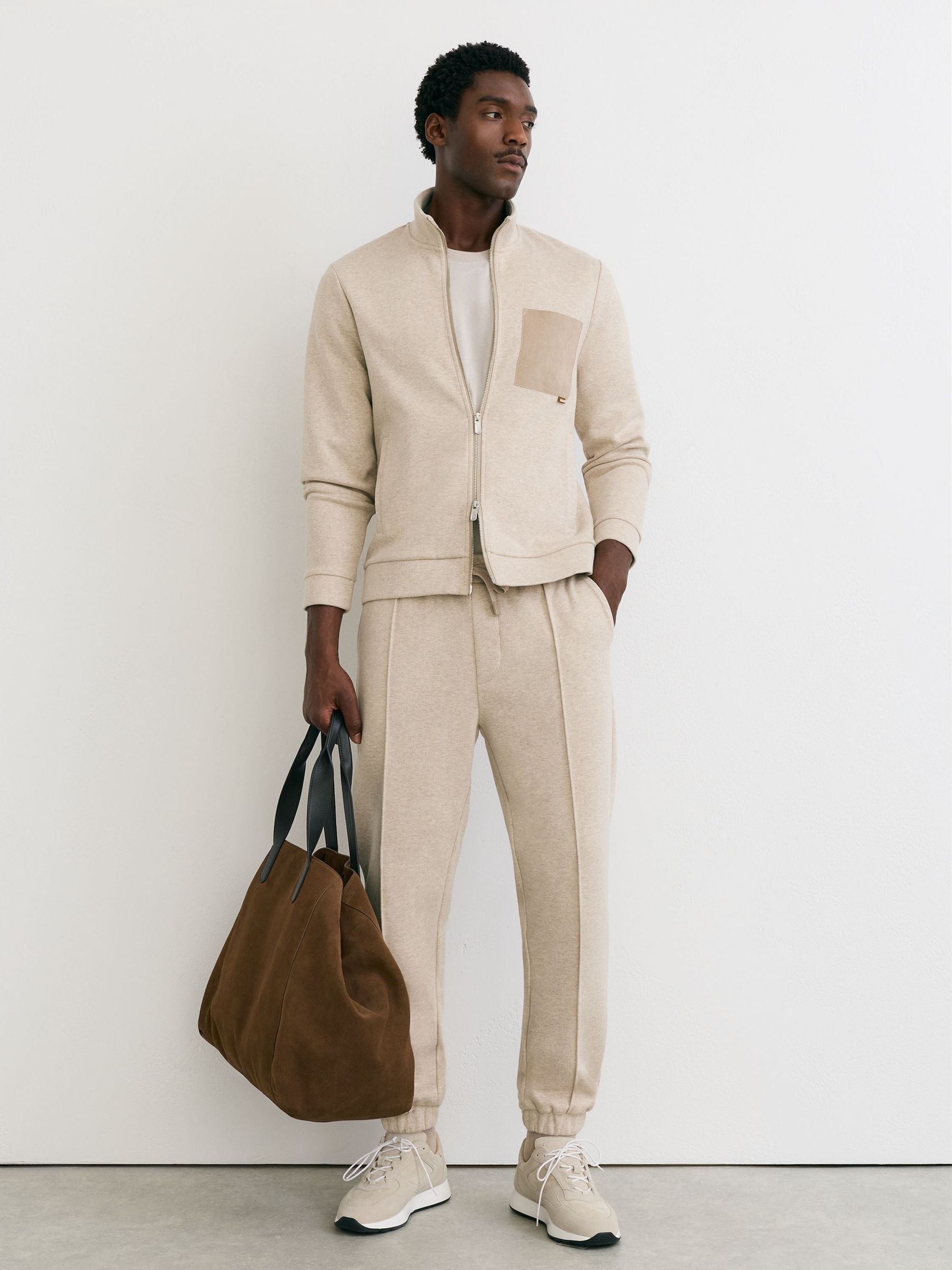Oatmeal Melange - Regular Herringbone Patch-pocket Zip-through Jacket