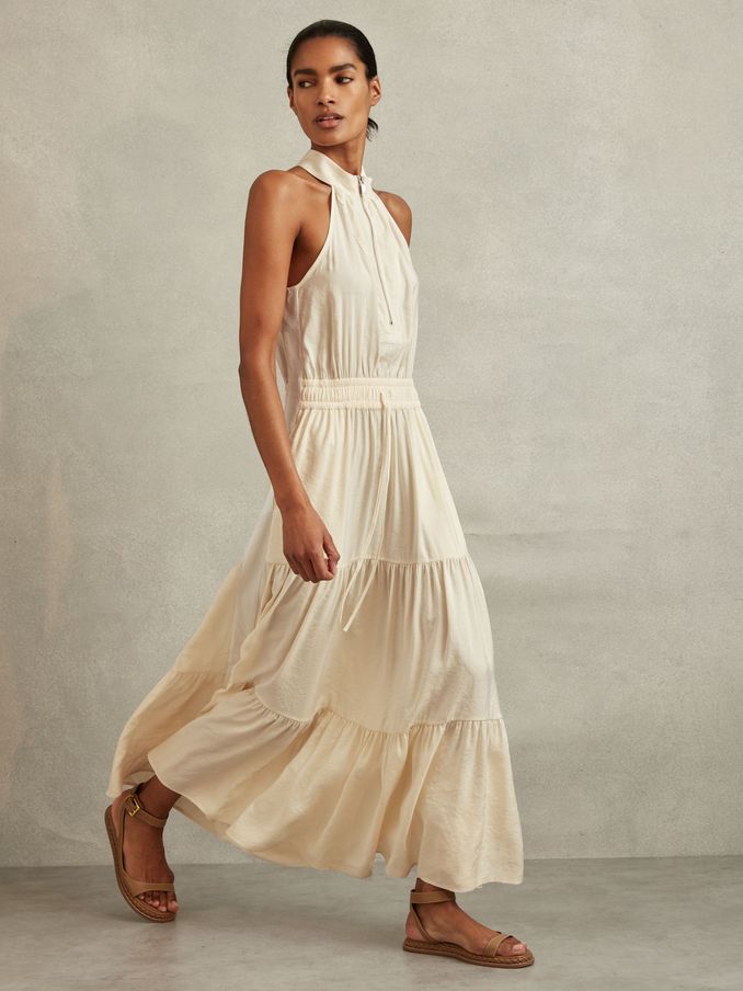 Drawstring Waist Tiered Midi Dress in Neutral (N53943) | HK$1,395