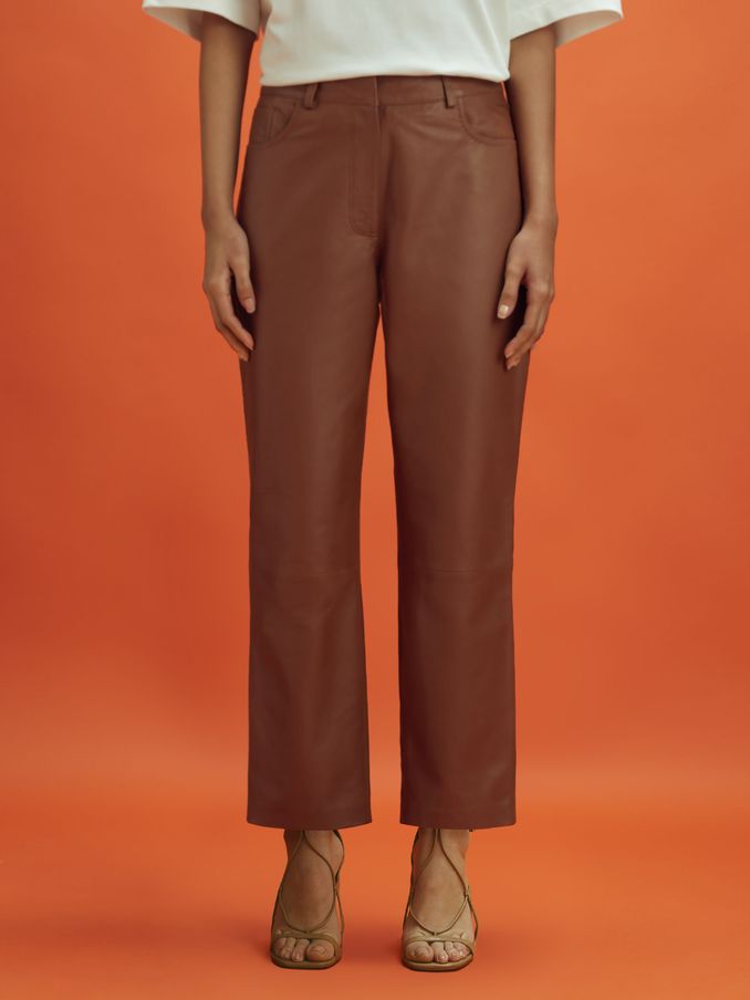 McLaren F1 Cropped Leather Trousers in Tan (N53956) | US$278