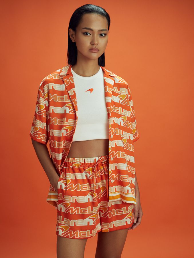 McLaren F1 Printed Cuban Collar Shirt in Papaya Multi (N53959) | US$111