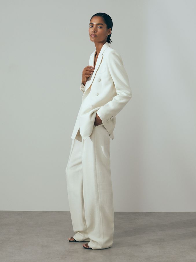 Atelier Italian Double Breasted Textured Suit Blazer with Silk in White (N53964) | CA$633