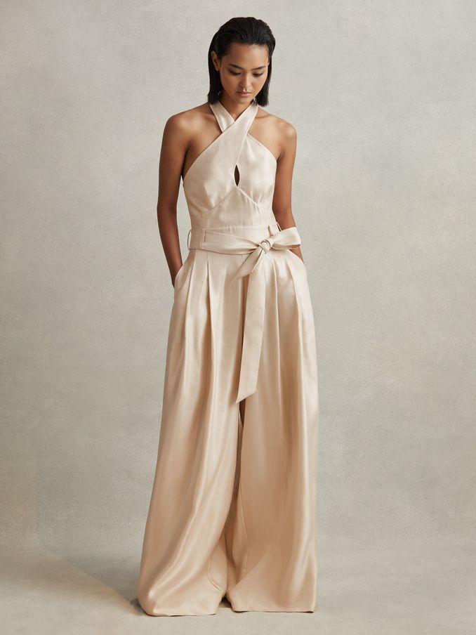 Viscose Linen Wide Leg Jumpsuit in Neutral (N54017) | €270