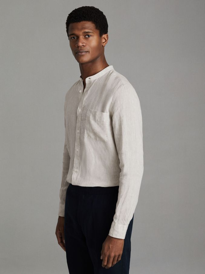 Linen Grandad Collar Shirt in Stone (N54022) | HK$622