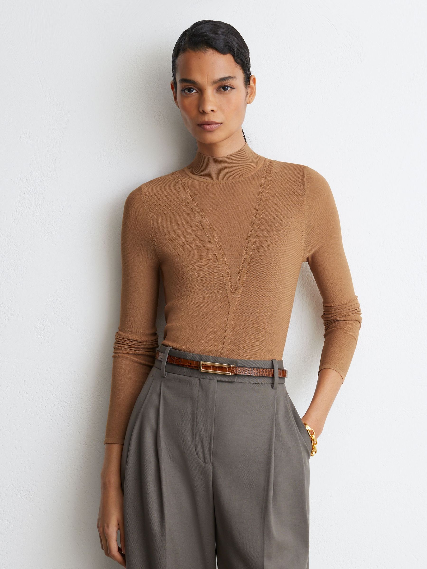 Camel - Sheer-detail Long-sleeve Knitted Top