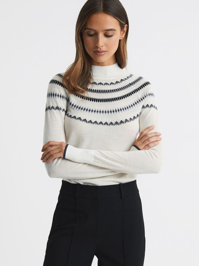 Wool-Cashmere Fairisle Pattern Funnel Neck Jumper in Cream/Grey (N57488) | €54