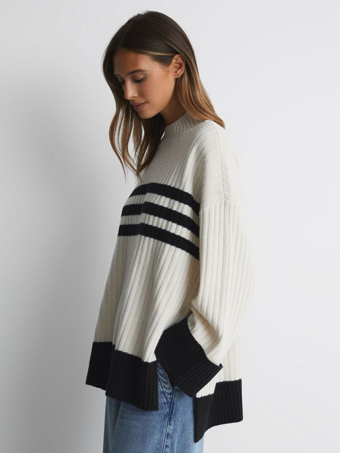 Ribbed Wool Funnel Neck Jumper in Cream/Navy (N57610) | US$101
