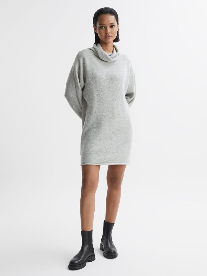Oversized Wool Blend Cowl Neck Mini Dress in Soft Grey (N57617) | €111
