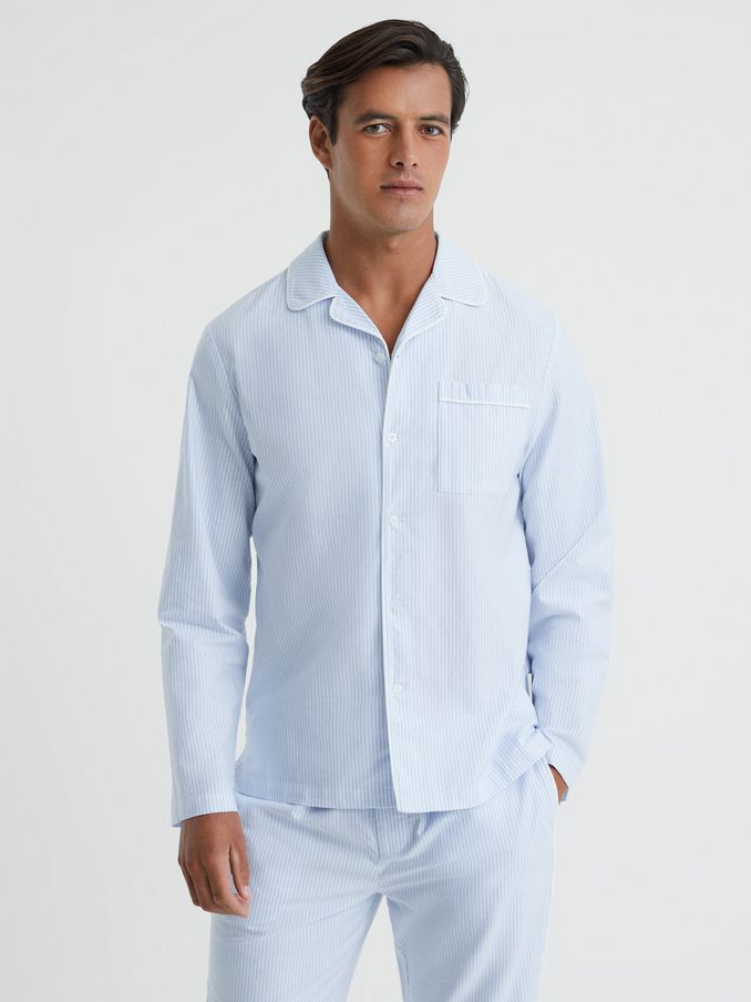 Striped Cotton Button-Through Pyjama Shirt in Blue/White (N57729) | HK$297