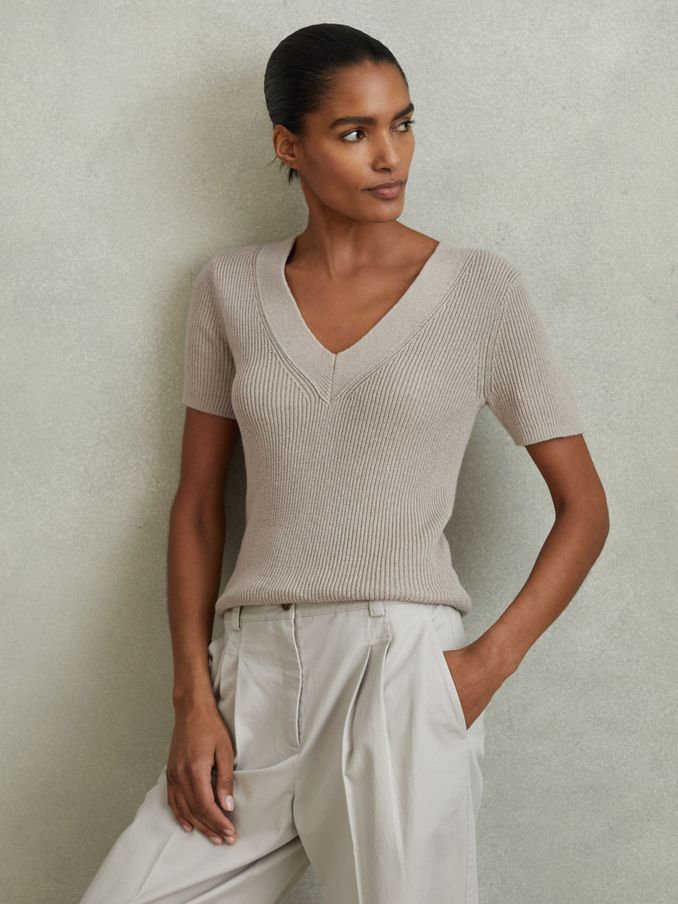 Cotton Blend Knitted V-Neck Top in Neutral (N69325) | $93