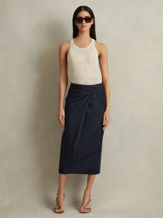 Cotton Blend Wrap Front Midi Skirt in Navy (N69346) | €67