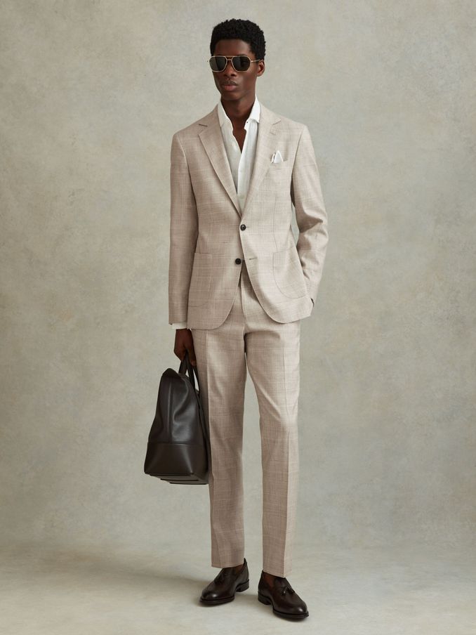 Slim Fit Linen Blend Check Trousers in Oatmeal (N69350) | CHF 84