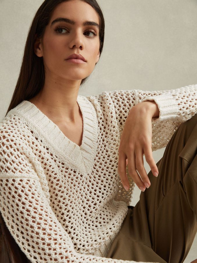 Linen Cotton Open Stitch Jumper in Ivory (N69356) | €81