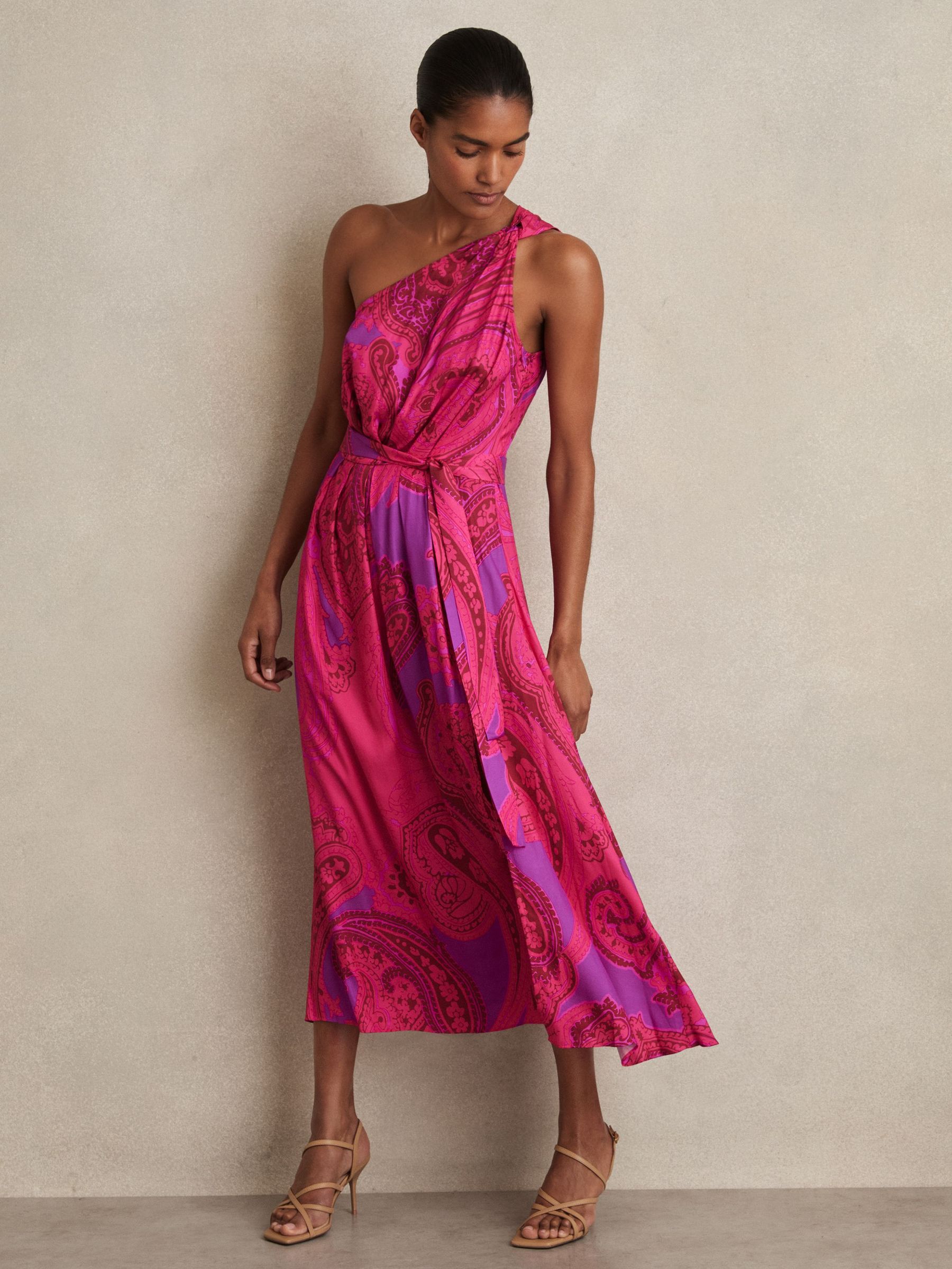 Paisley-Print One-Shoulder Midi Dress in Pink (N69384) | US$330
