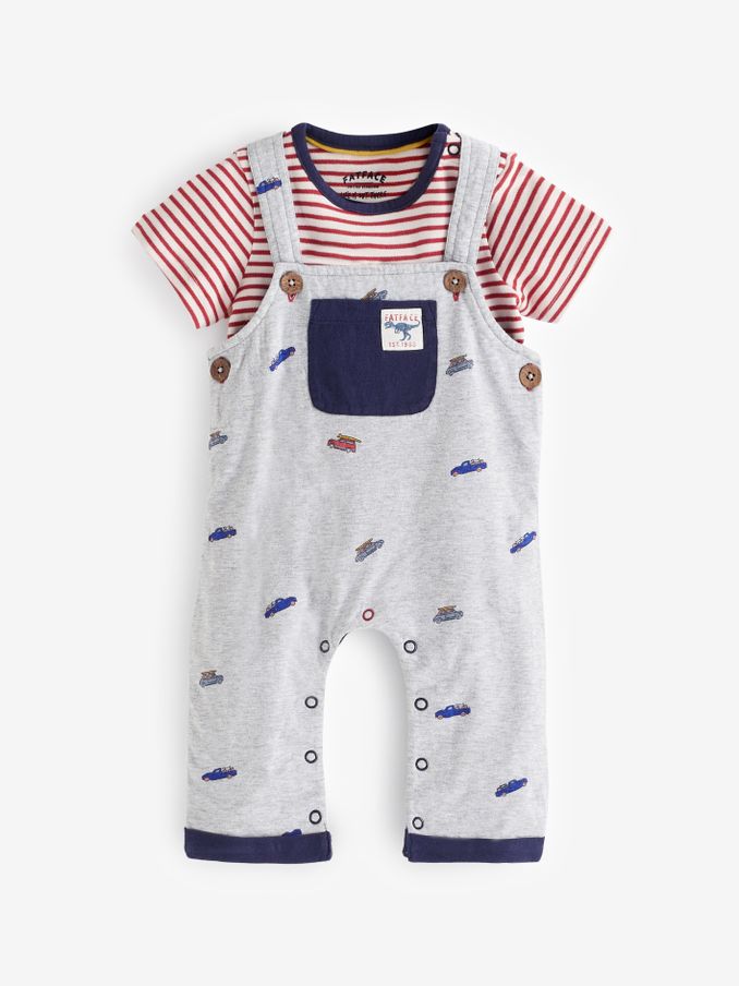 Grey Car Printed Jersey Dungarees Set (N69604) | $26