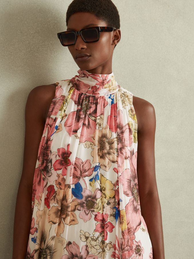 Floral Pleated Tie Neck Mini Dress in Cream/Pink (N71483) | US$166