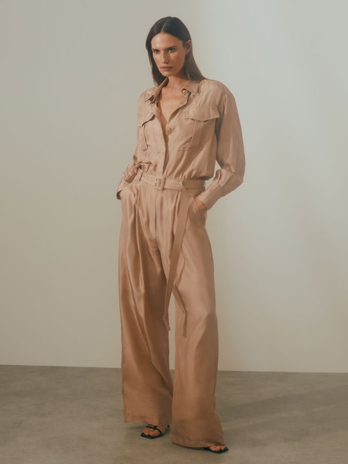 Atelier Belted Wide Leg Jumpsuit in Camel (N71499) | US$310