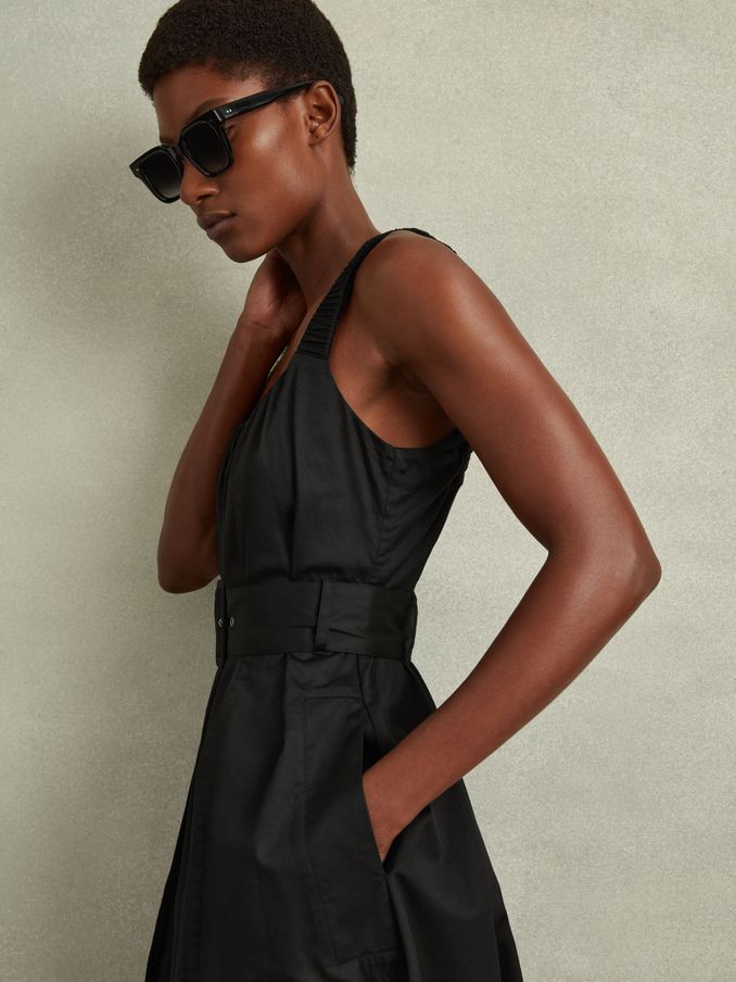 Petite Cotton Ruched Strap Belted Midi Dress in Black (N71508) | US$95