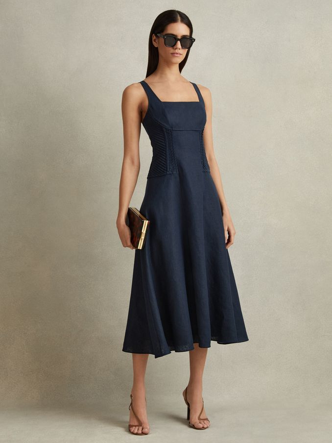 Etta Navy 100% Linen Corset Midi Dress (N71539) | CHF 155