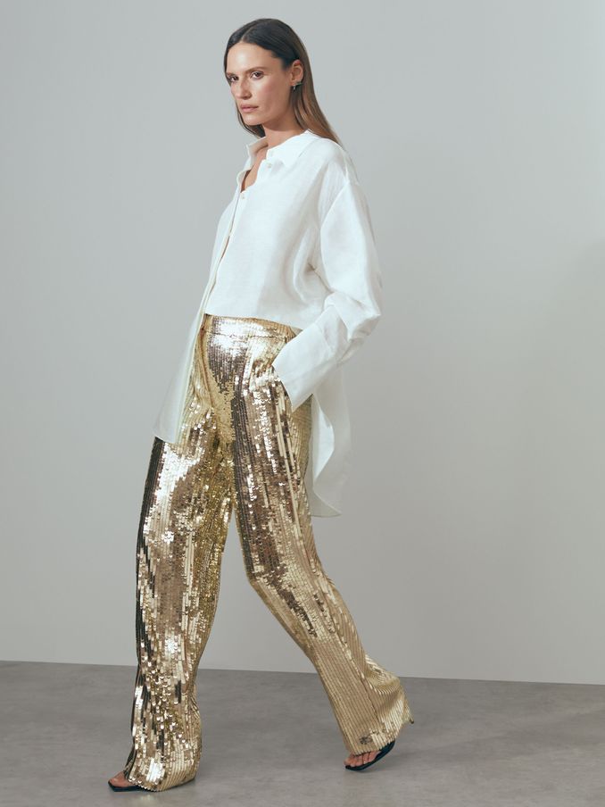 Atelier Sequin Wide Leg Trousers in Gold (N71808) | US$404