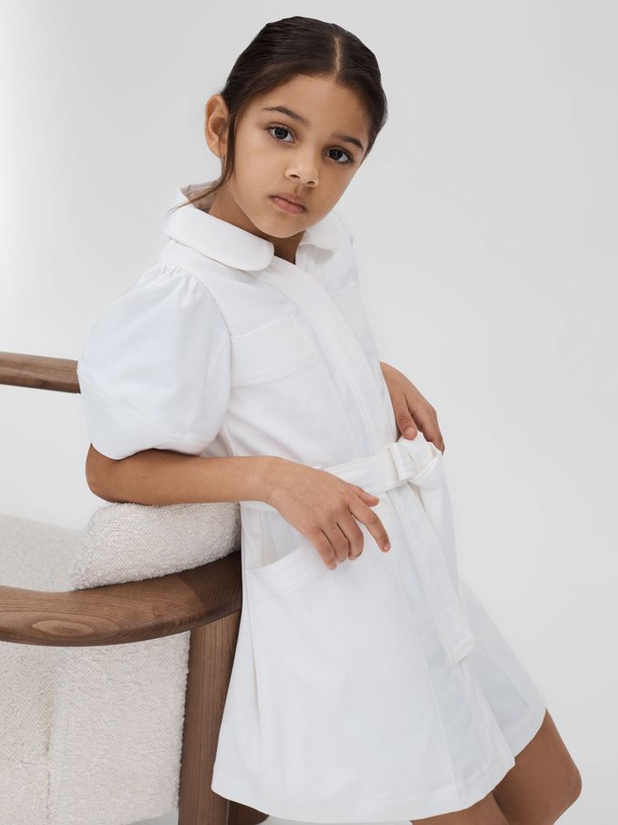 9-13 yrs Belted Puff Sleeve Dress in Ivory (N71812) | $47