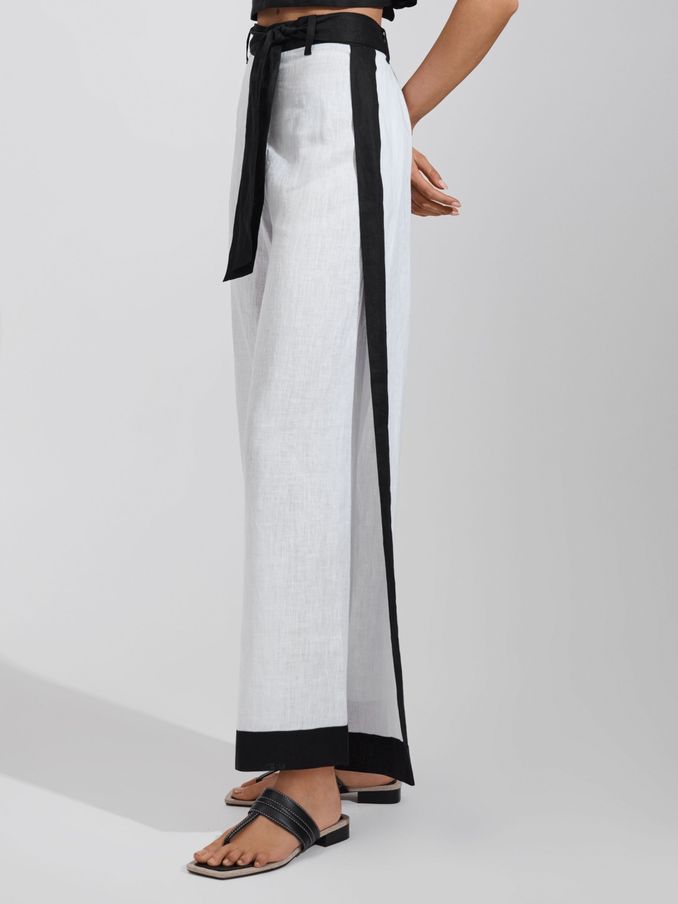 Linen Side Split Trousers in White/Navy (N71910) | US$110