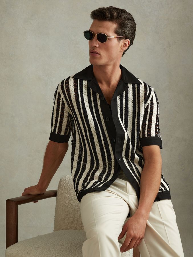 Crochet Cuban Collar Shirt in Black/Ecru (N72379) | €69