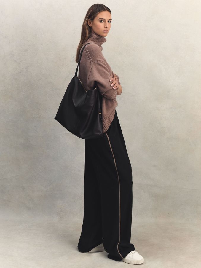 Elasticated Side Stripe Wide Leg Trousers in Black (N72391) | $280