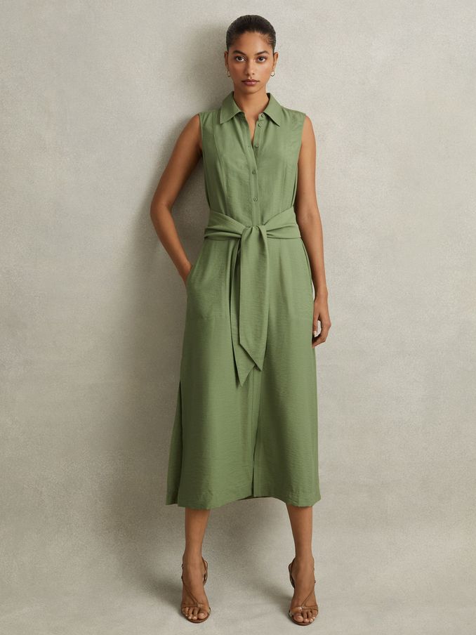 Viscose Blend Belted Shirt Dress in Green (N72411) | US$127
