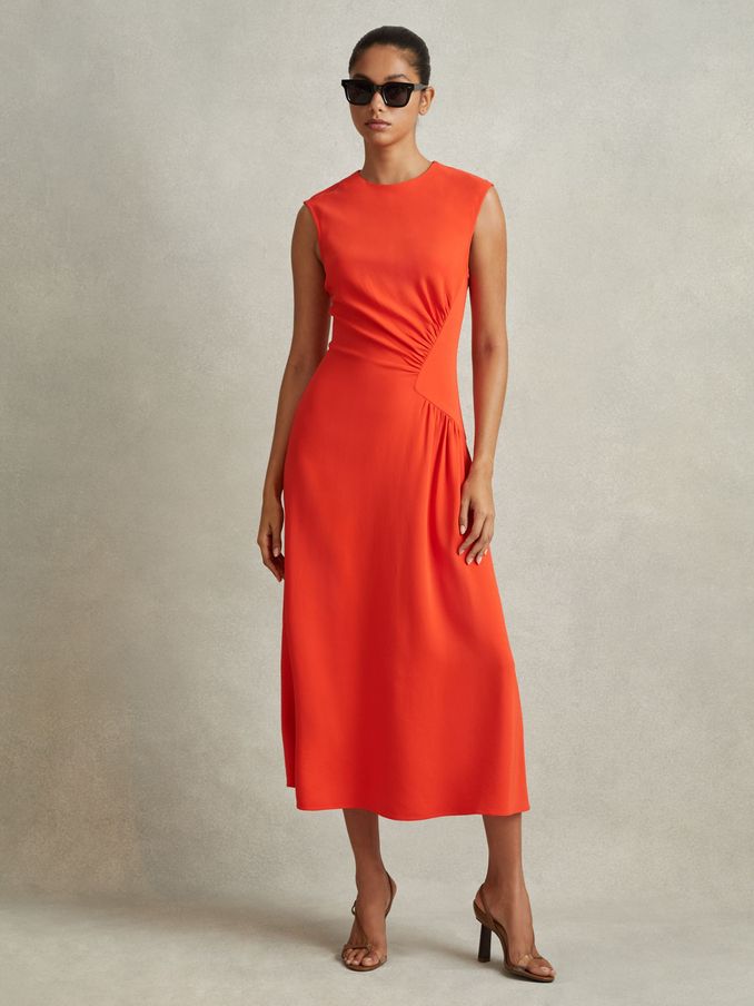 Ruched Midi Dress in Orange (N72421) | US$114