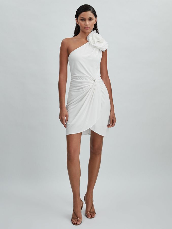 Halston One-Shoulder Ruffle Mini Dress in White (N72484) | 1,238 SAR