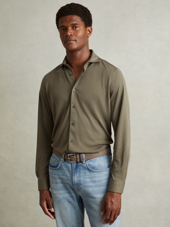 Modal Blend Cutaway Collar Shirt in Khaki (N72502) | CA$112