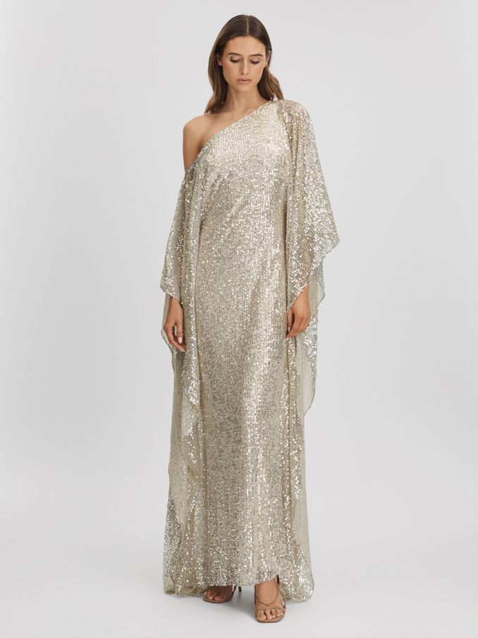 Halston Sequin Off-The-Shoulder Maxi Dress in Champagne (N72511) | CHF 565