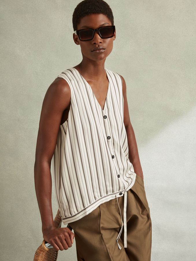 Striped Drawstring Hem Waistcoat in Ivory/Grey (N72806) | €67