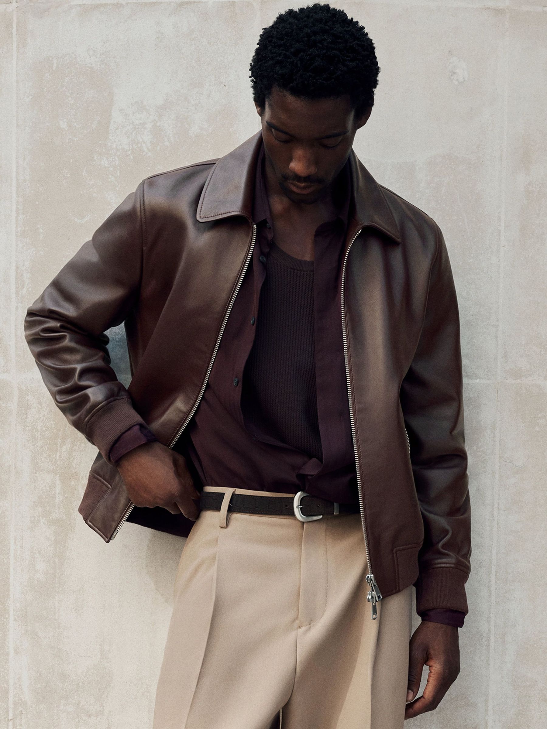 Bordeaux - Regular Leather Zip-through Collared Bomber Jacket